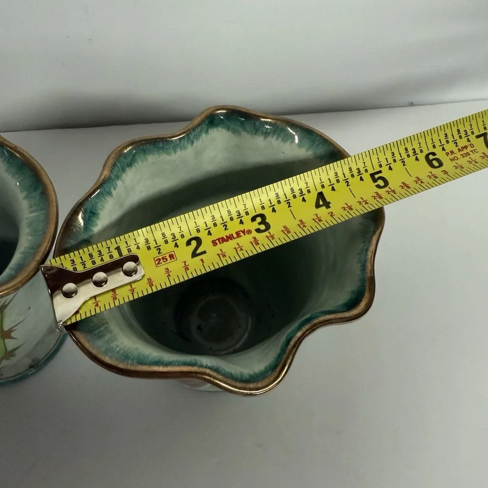 Set Of Italian Vases Hand Painted Thistle Aqua Purple Green‎ w/Gold Trim Ruffle